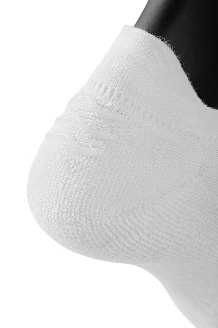 Close-up of white athletic ankle sock cushioning and knit texture