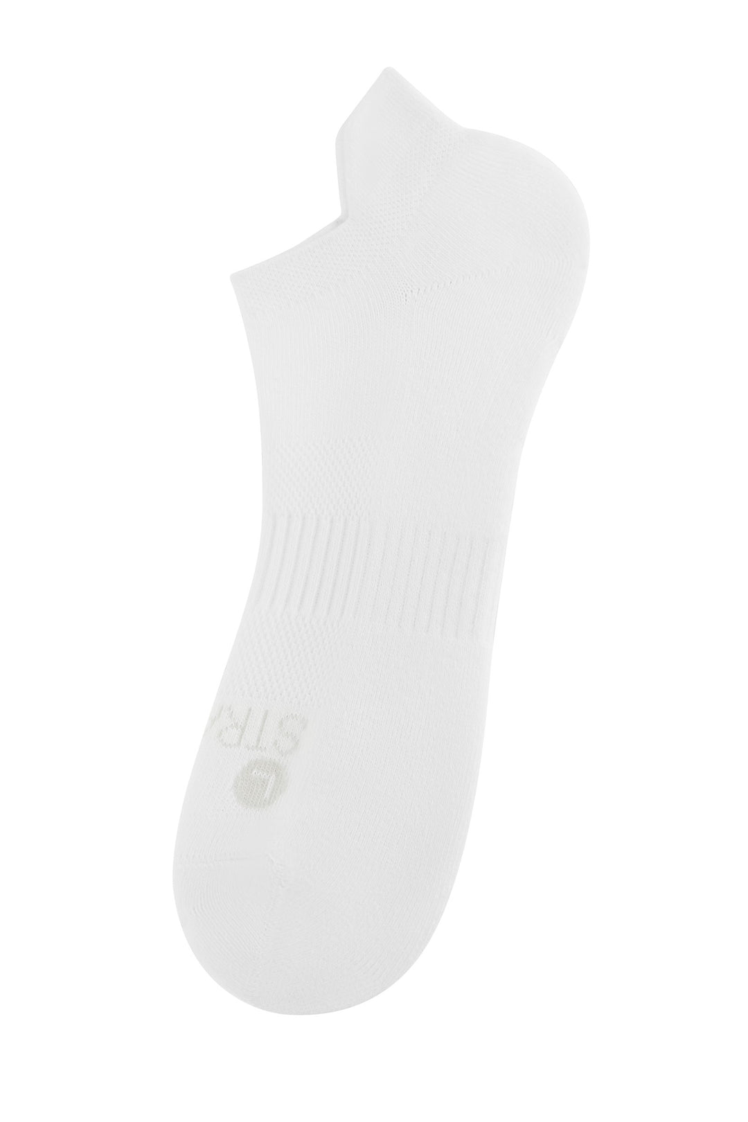 Bottom view of white athletic ankle sock with Straight Up Socks logo