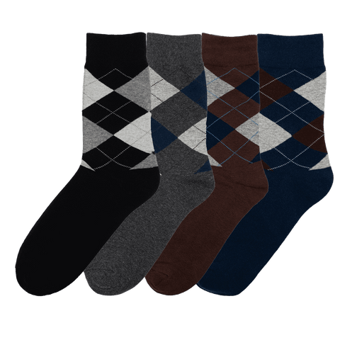 Men's Argyle Dress Socks 4 Pack  Mixed Black, Dark Gray, Brown, Navy Blue