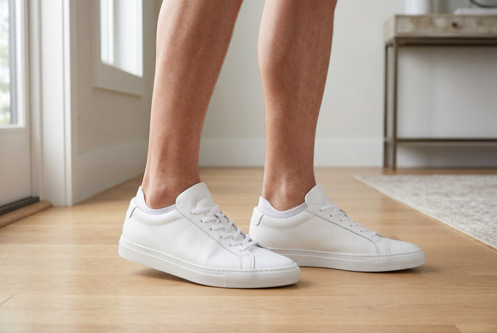 Men wearing white athletic ankle socks with white sneakers