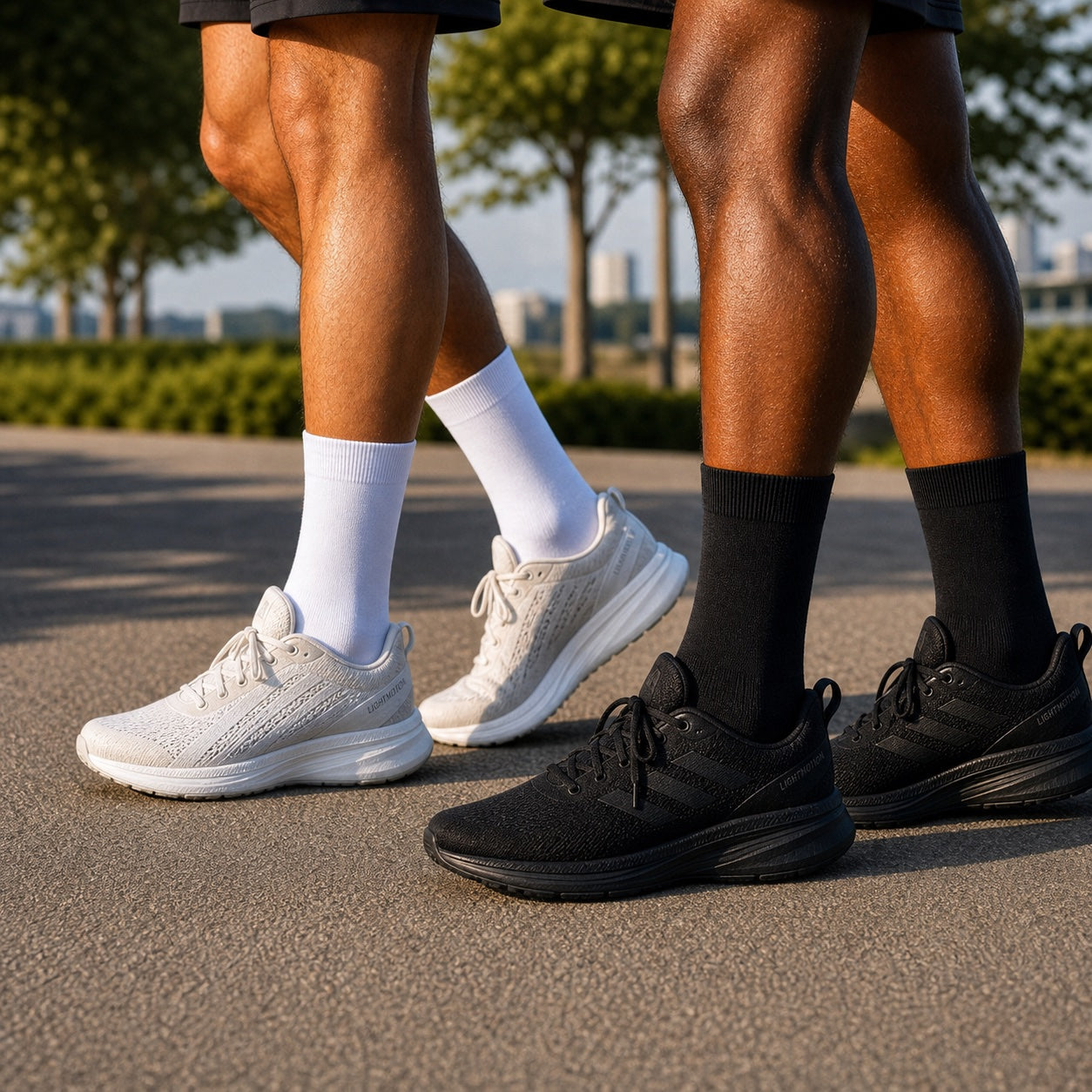 Men wearing black and white athletic crew socks with sneakers