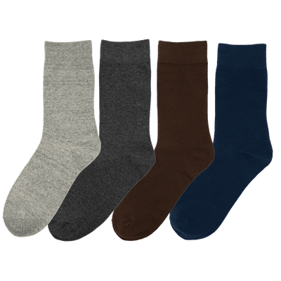 Four pairs of crew length straight up socks in light gray, dark gray, brown, and navy blue