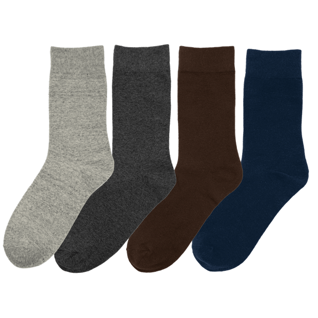 Four pairs of crew length straight up socks in light gray, dark gray, brown, and navy blue
